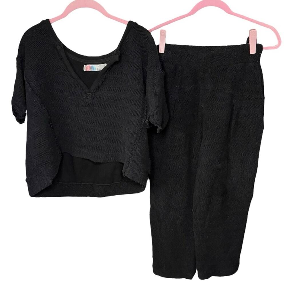 Free People Beach Jayni Set Notch Top & Pants Knit Distressed Black Size XS